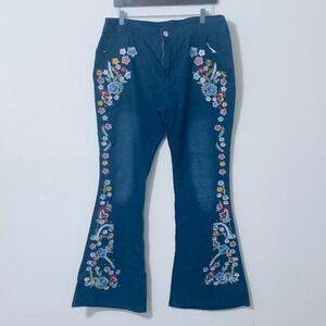 Floral Embroidered Flare Jeans 2XL Blue Boho Retro 70s Hippie Casual Wide Leg